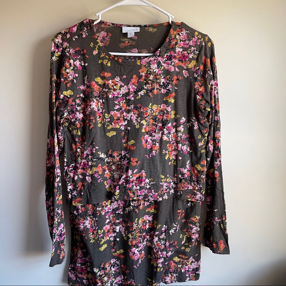 J Jill Brown Floral Tiered Long Sleeve Blouse